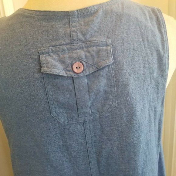 Vintage 90s Blue Linen Pinafore Dress Periwinkle Patch Pockets Knee Length M/L - Picture 4 of 8